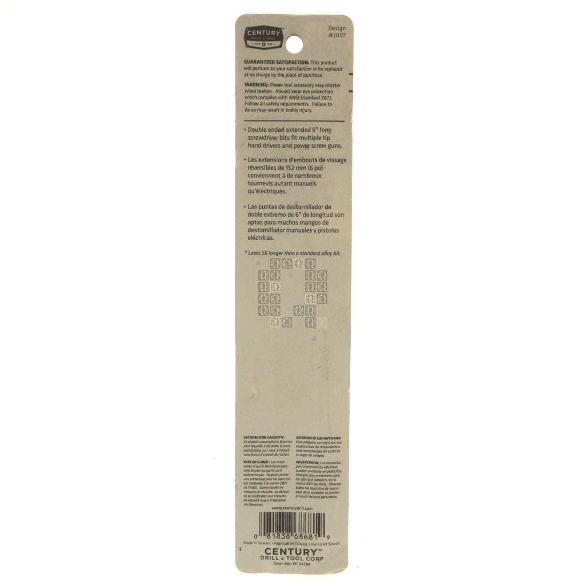 Century Drill & Tool 68681 PH1 / #1 Phillips / #6-8 Slotted Double Ended Power Screwdriver Bit, 6" Length Package Back