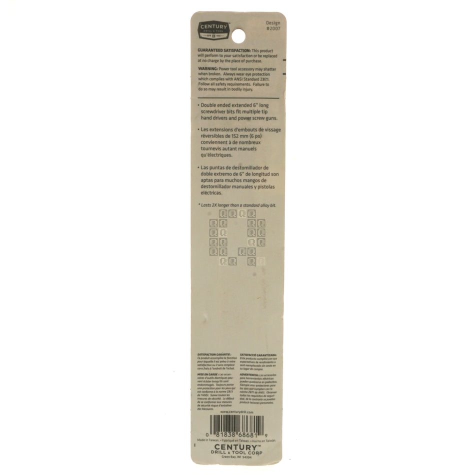 Century Drill & Tool 68681 PH1 / #1 Phillips / #6-8 Slotted Double Ended Power Screwdriver Bit, 6" Length Package Back