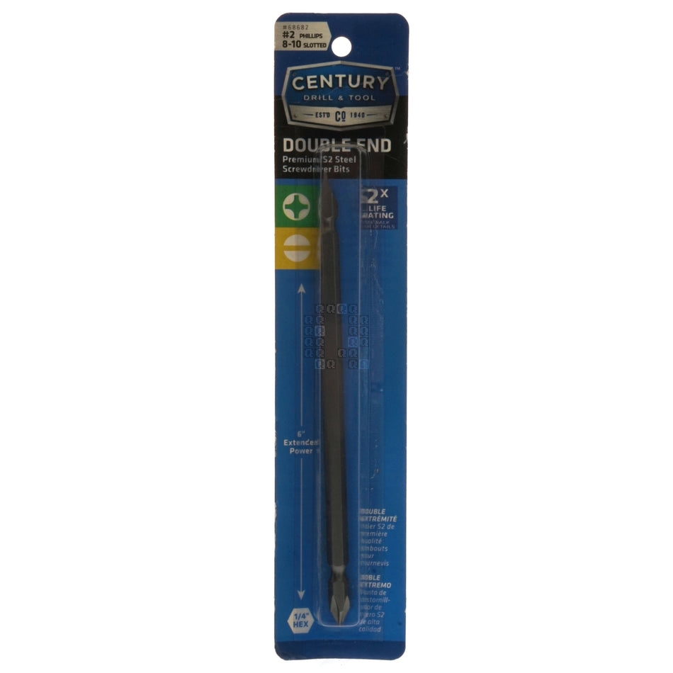 Century Drill & Tool 68682 PH2 #2 Phillips / #8-10 Slotted Double Ended Premium S2 Steel Screwdriver Bit