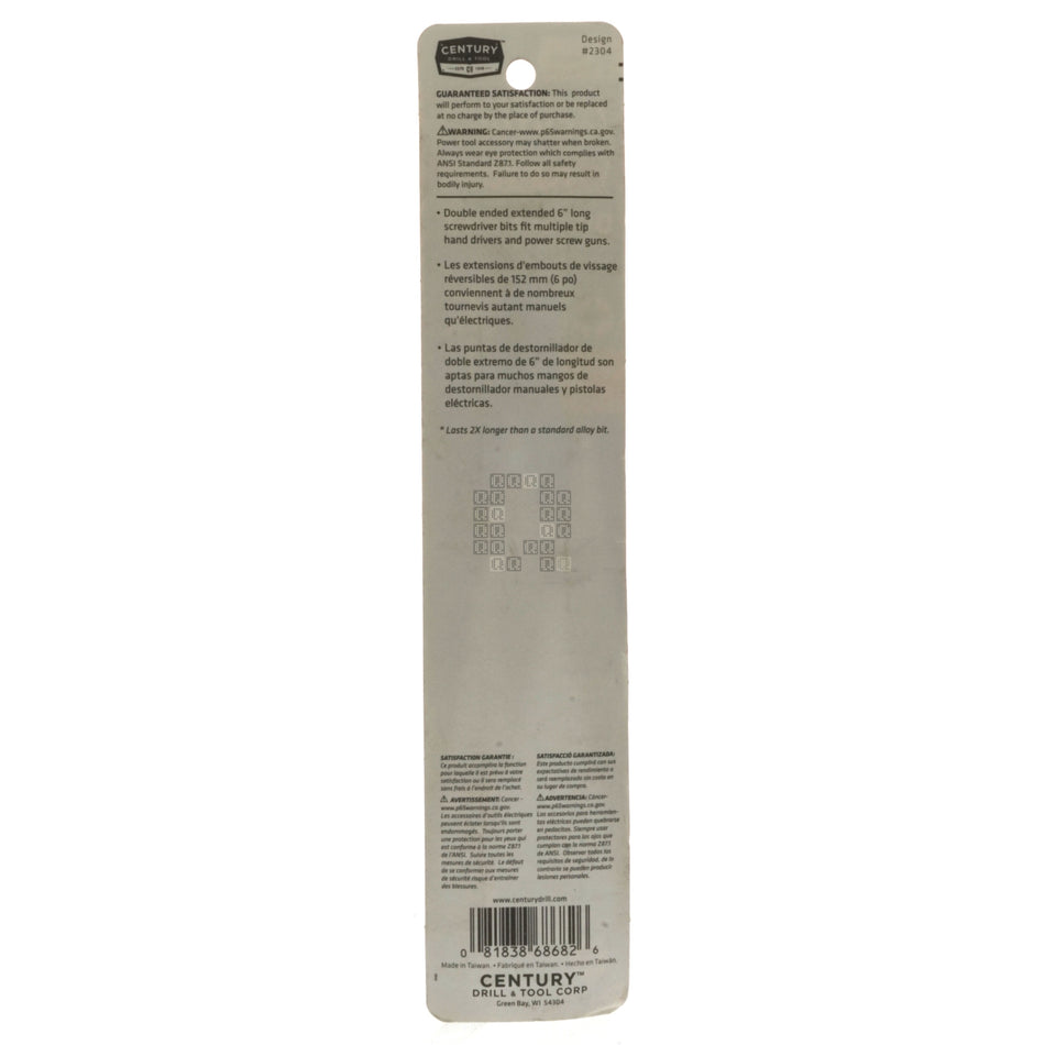 Century Drill & Tool 68682 PH2 #2 Phillips / #8-10 Slotted Double Ended Premium S2 Steel Screwdriver Bit