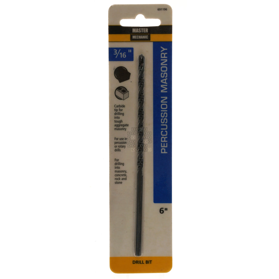 Master Mechanic 691196 3/16" Carbide Tip Percussion Masonry Drill Bit, 6" Length