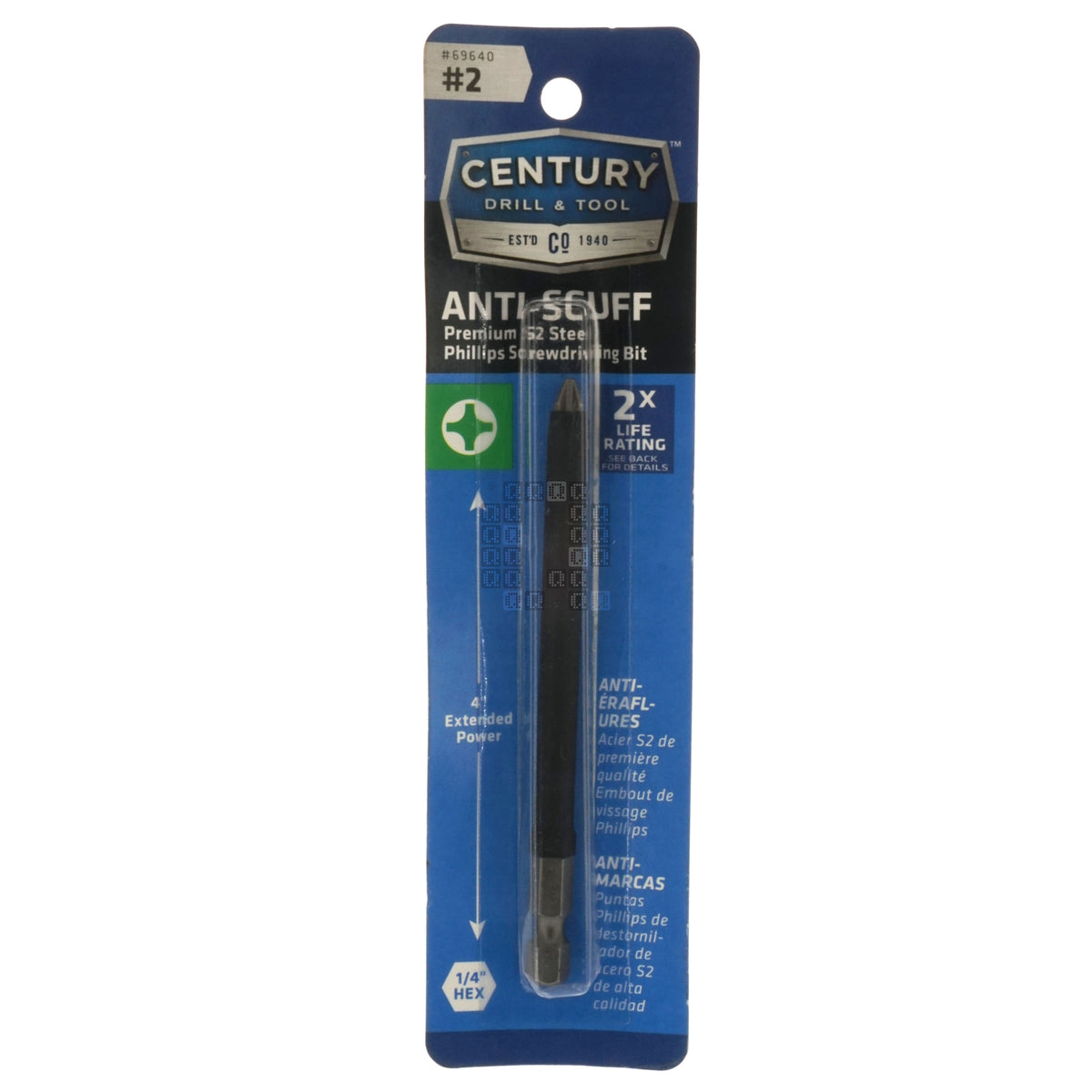 Century Drill & Tool 69640 Anti-Scuff Premium S2 Steel Phillips #2 / PH2 Screwdriving Bit, 4" Length Package Front