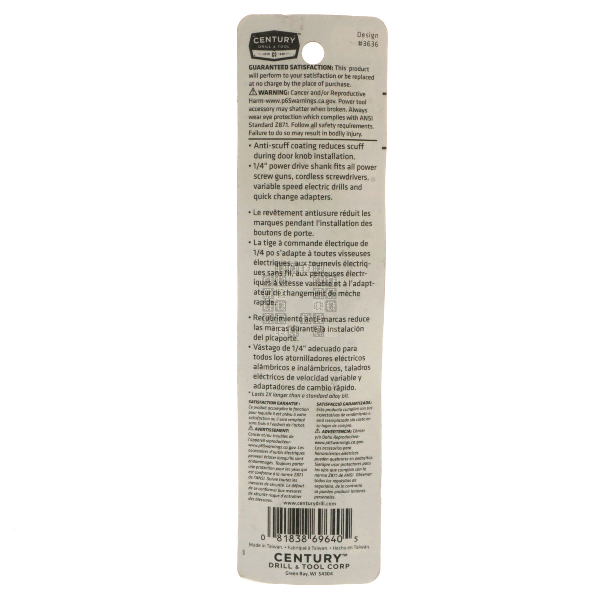 Century Drill & Tool 69640 Anti-Scuff Premium S2 Steel Phillips #2 / PH2 Screwdriving Bit, 4" Length Package Back