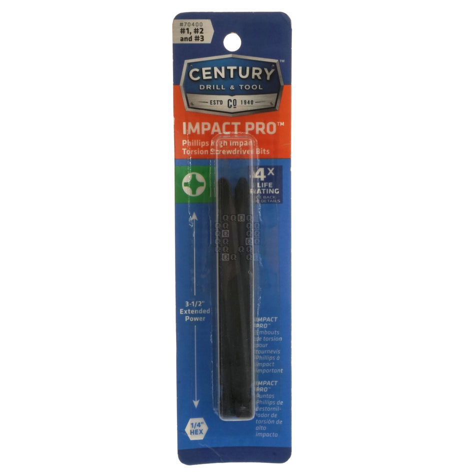 Century Drill & Tool 70400 PH1 PH2 PH3 / #1 #2 #3 Phillips Impact Pro High Impact Torsion Screwdriver Bit, 3-1/2" Length, 1/4" Hex Shank