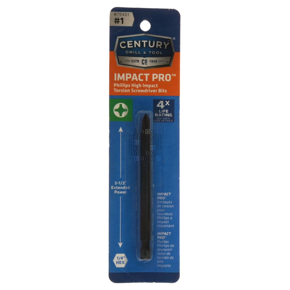 Century Drill & Tool 70401 PH1 / #1 Phillips Impact Pro High Impact Torsion Screwdriver, 3-1/2" Length