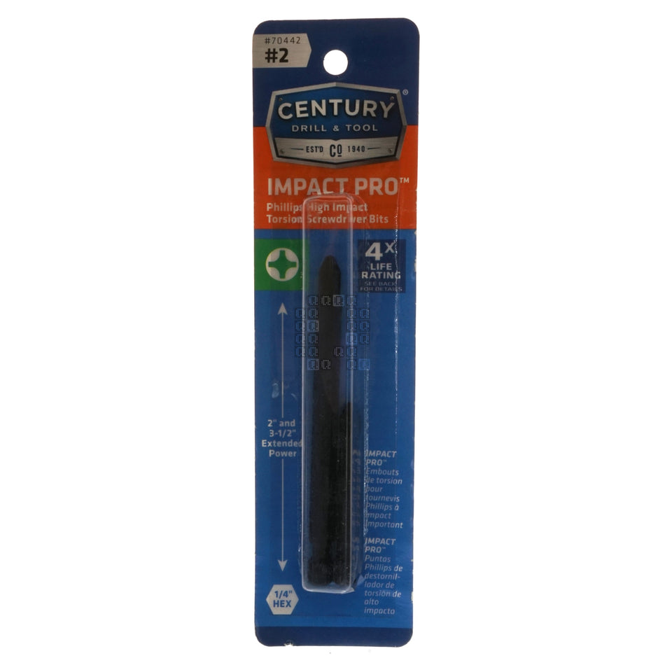 Century Drill & Tool 70442 PH2 / #2 Phillips Impact Pro High Impact Torsion Screwdriver Bit, 2" & 3-1/2" Length, 1/4" Hex Quick Connect