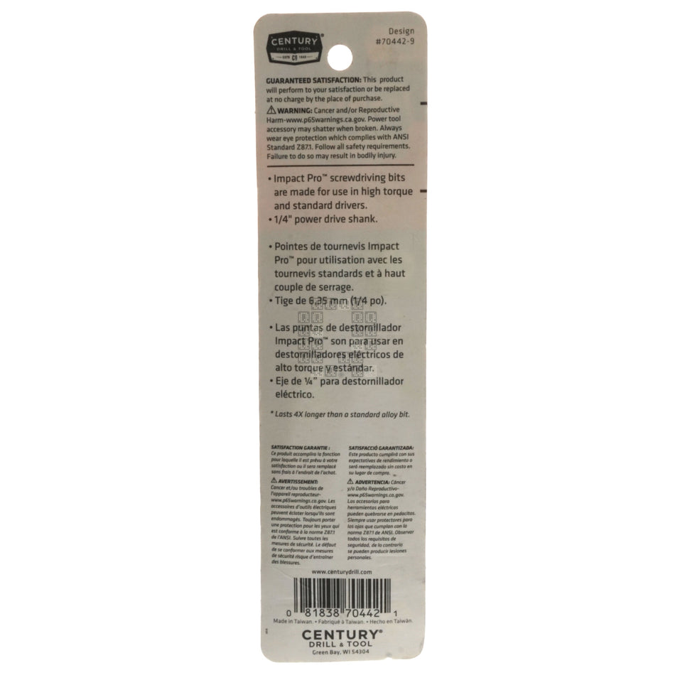 Century Drill & Tool 70442 PH2 / #2 Phillips Impact Pro High Impact Torsion Screwdriver Bit, 2" & 3-1/2" Length, 1/4" Hex Quick Connect