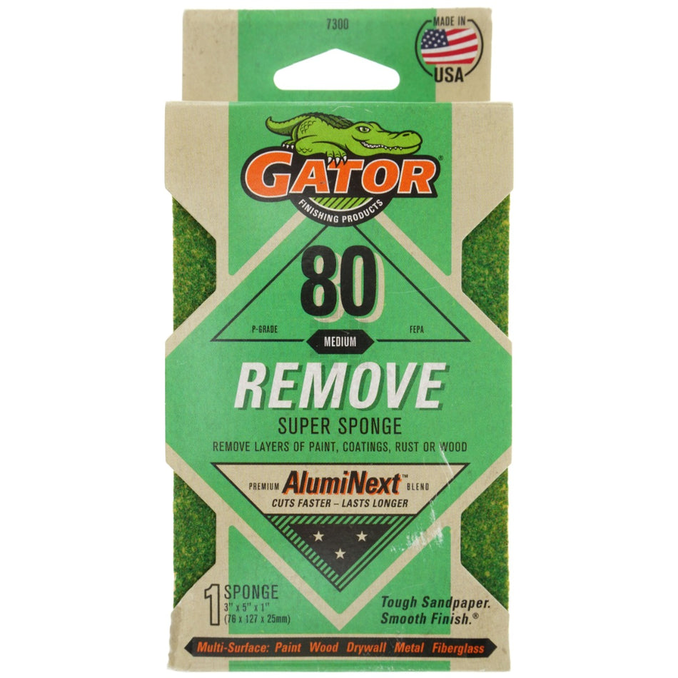 Gator 7300 Super Sanding Sponge, 80 Grit Medium, AlumiNext, 3 x 5 x 1"