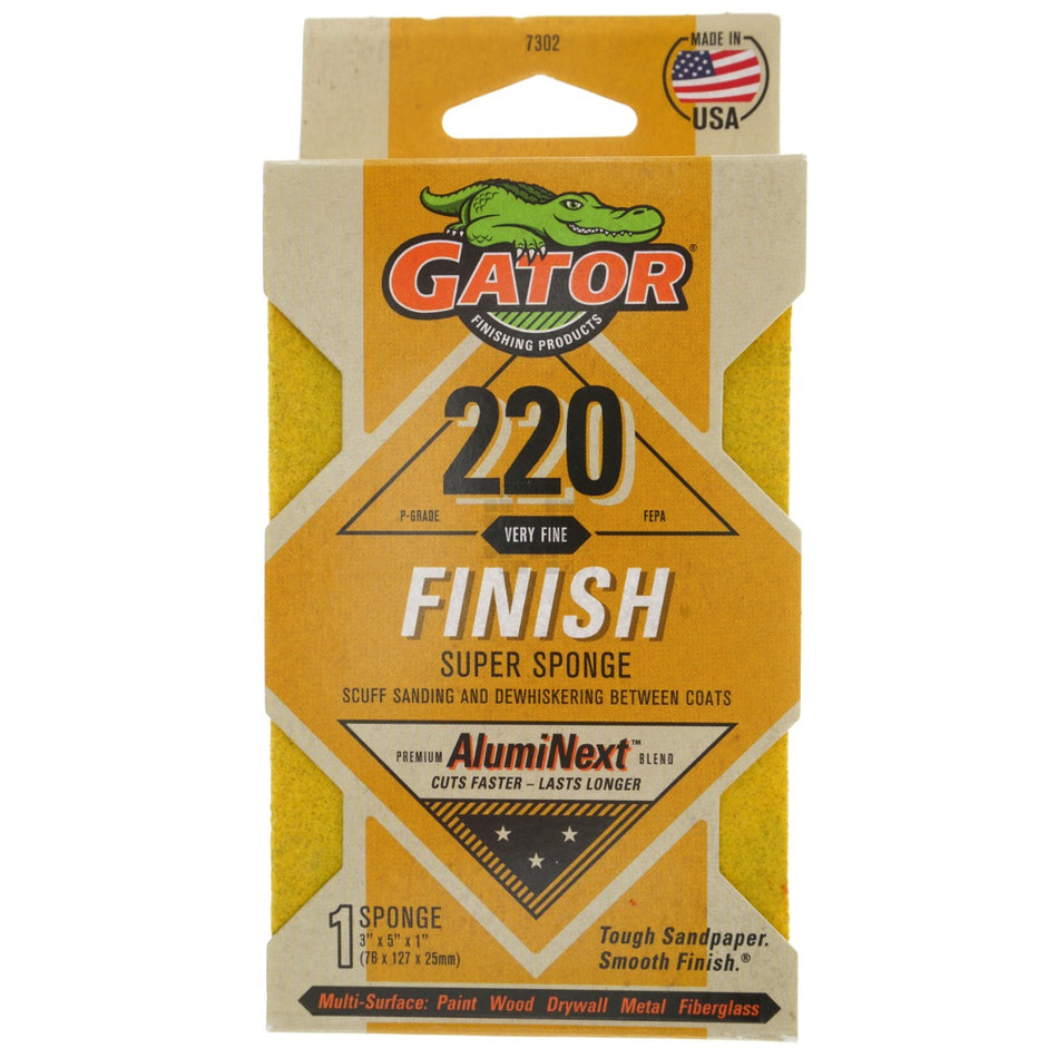Gator 7302 Super Sanding Sponge, 220 Grit, Very Fine, AlumiNext, 3 x 5 x 1"