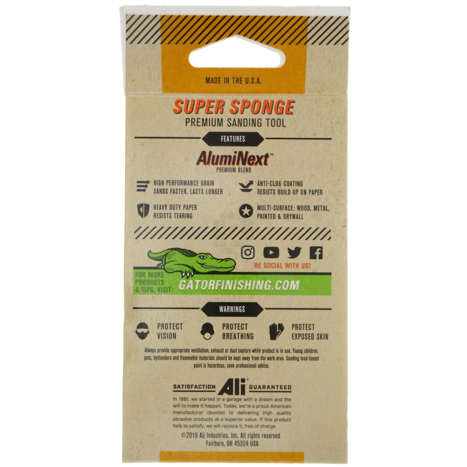 Gator 7302 Super Sanding Sponge, 220 Grit, Very Fine, AlumiNext, 3 x 5 x 1"