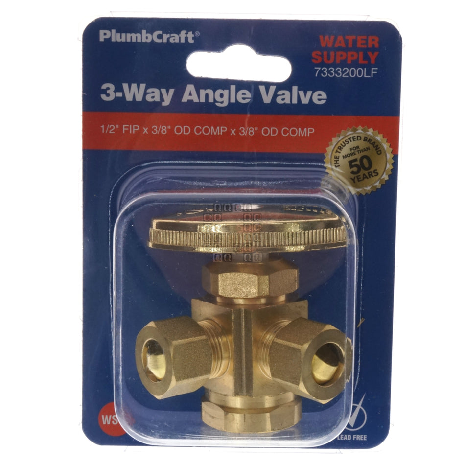 PlumbCraft 7333200LF Brass 3-Way 90° Angle Valve, 1/2" FIP x 2x 3/8 OD Compression