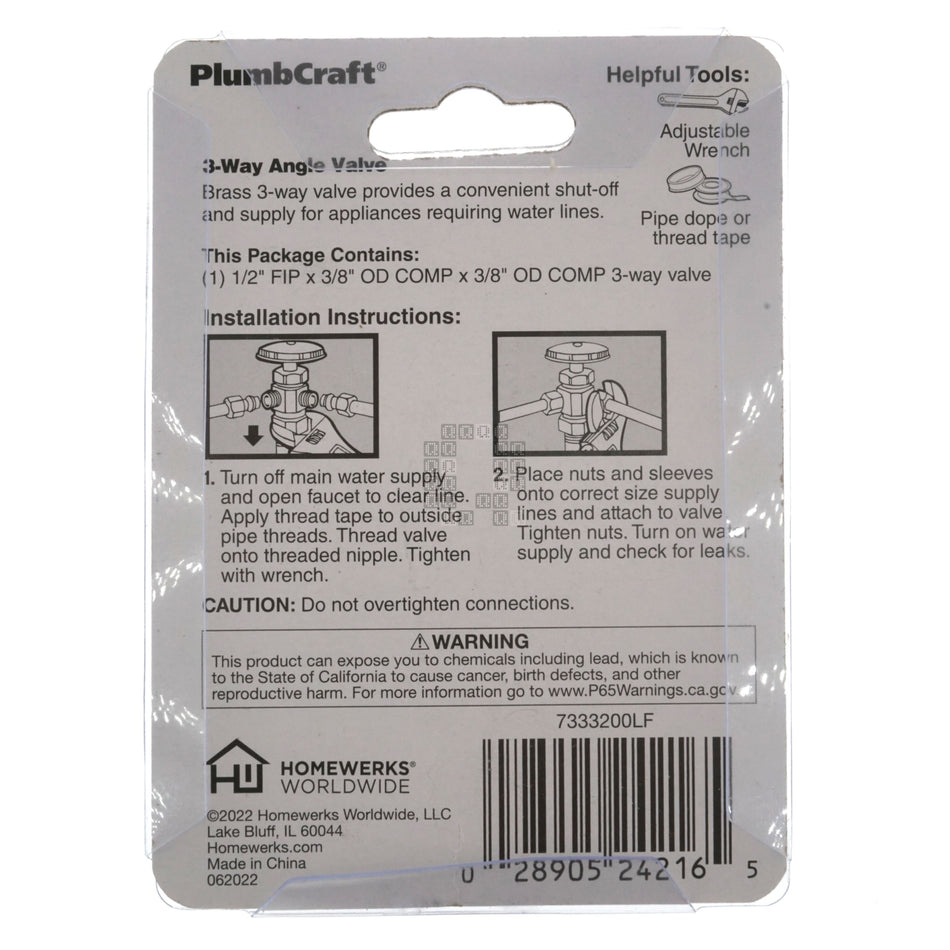 PlumbCraft 7333200LF Brass 3-Way 90° Angle Valve, 1/2" FIP x 2x 3/8 OD Compression