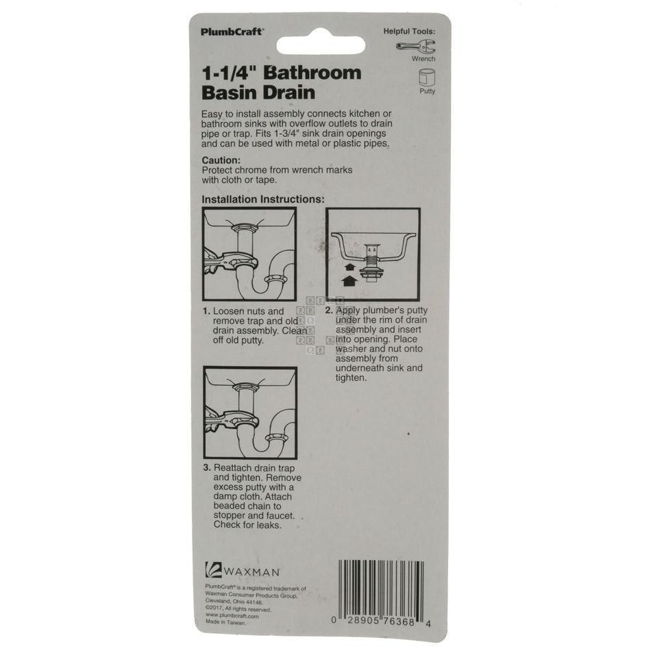 PlumbCraft 7636800N 1-1/4" Bathroom Basin Drain, Chrome Plated Brass