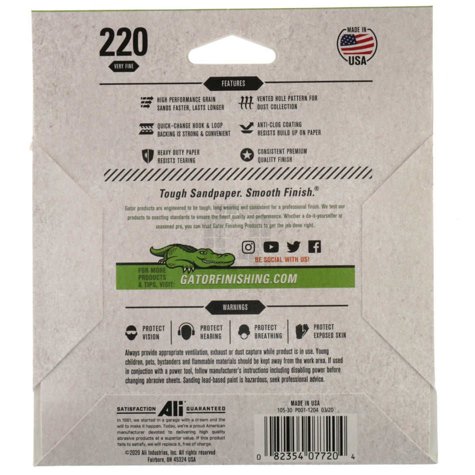 Gator 7720 5" Random Orbit Hook & Loop Sanding Discs, Very Fine 220 Grit, 4 Pack