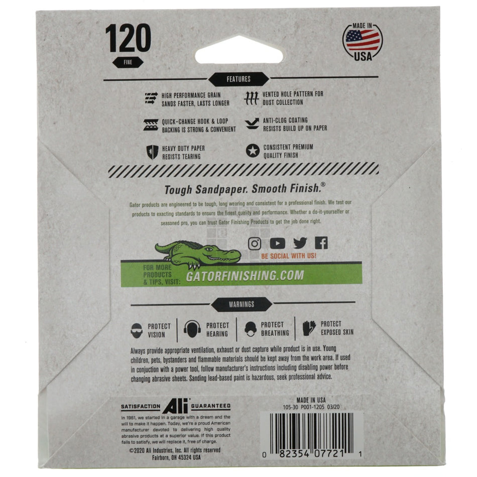 Gator 7721 5" Random Orbit Hook & Loop Sanding Discs, Fine 120 Grit , 4 Pack
