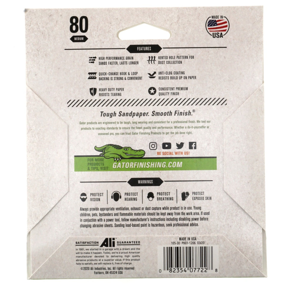 Gator 7722 5" Random Orbit Hook & Loop Sanding Discs, Medium 80 Grit , 4 Pack