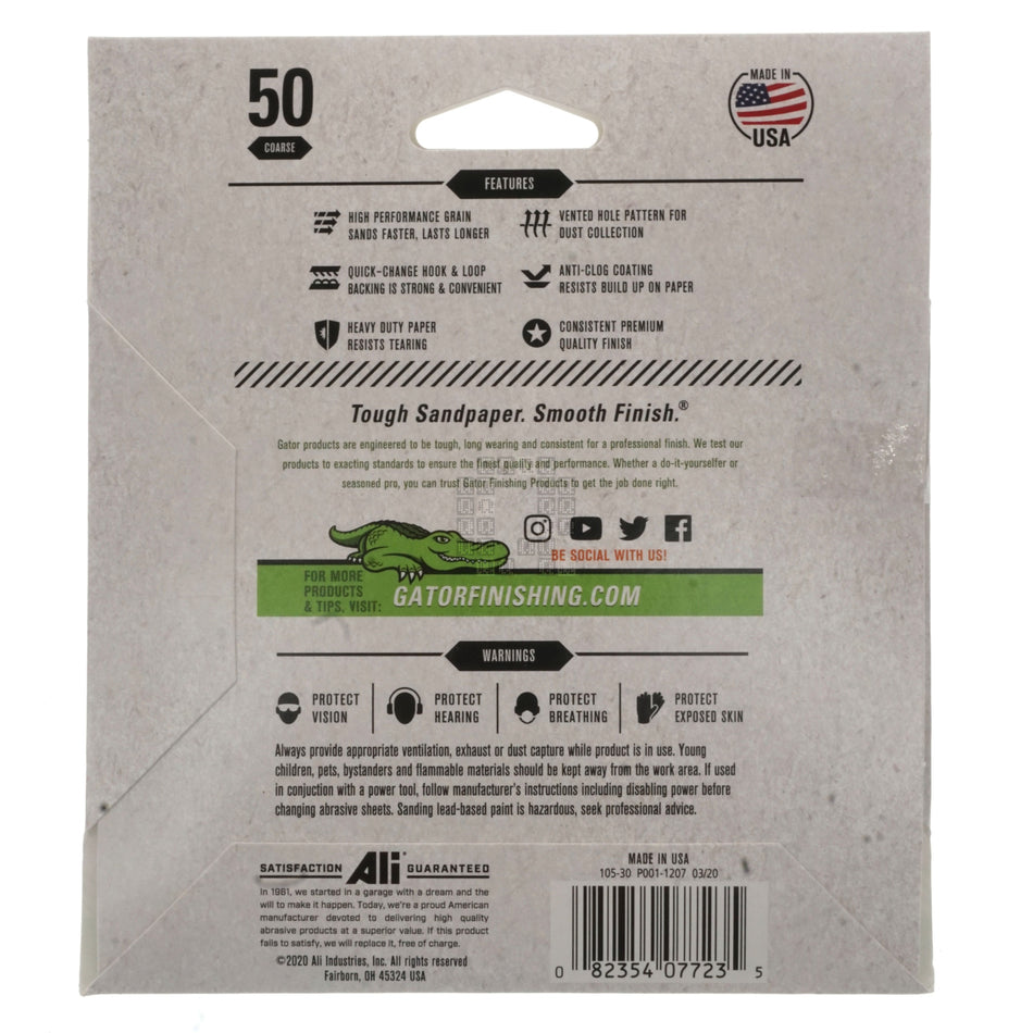 Gator 7723 5" Random Orbit Hook & Loop Sanding Discs, Coarse 50 Grit, 8-Hole, 4 Pack