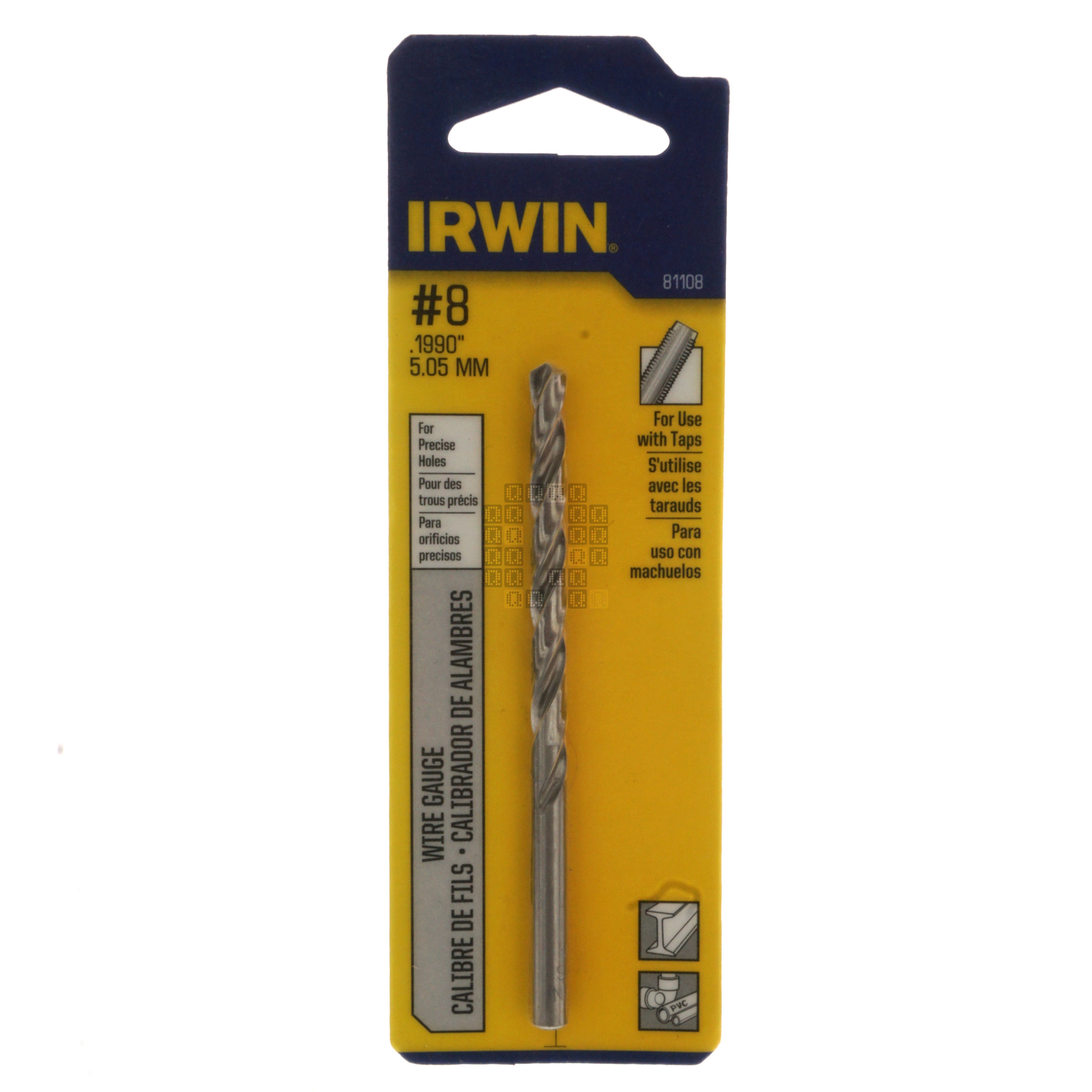 Irwin Industrial Tool 81108 #8 (0.1990" / 5.05mm) Jobber Length Wire Gauge Drill Bit Package Front