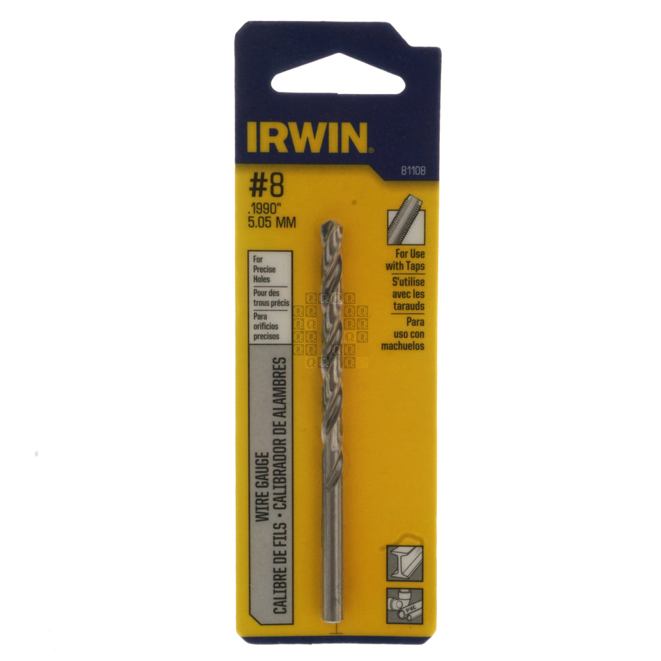 Irwin Industrial Tool 81108 #8 (0.1990" / 5.05mm) Jobber Length Wire Gauge Drill Bit Package Front
