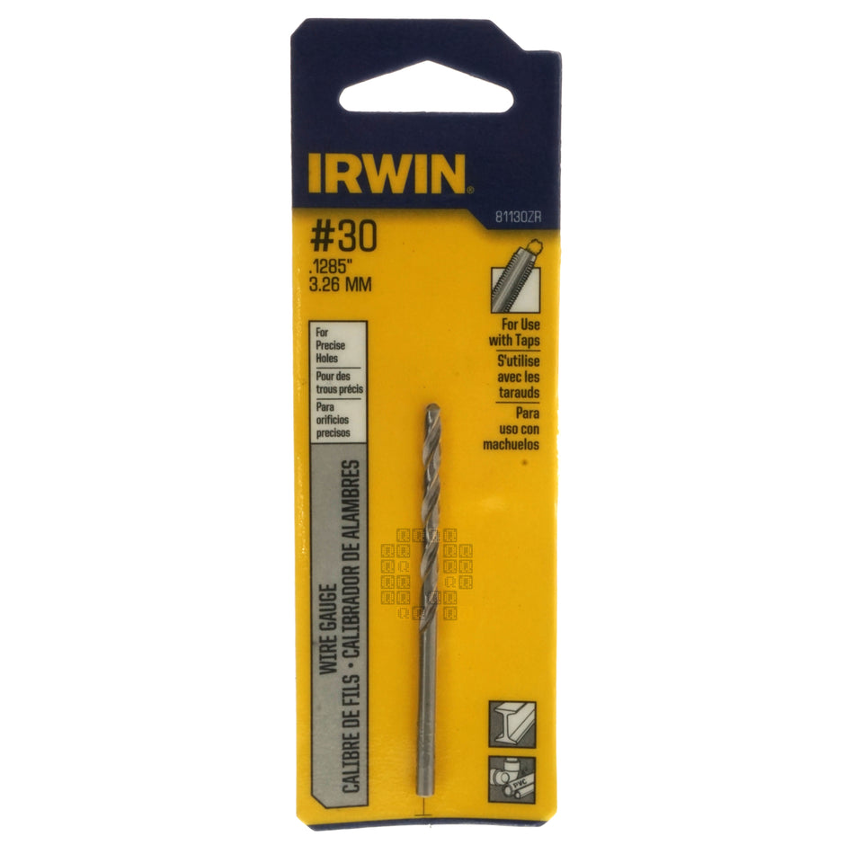 Irwin Industrial Tool 81130ZR #30 (0.1285" / 3.26mm) Jobber Length Wire Gauge Drill Bit Carded Package Front