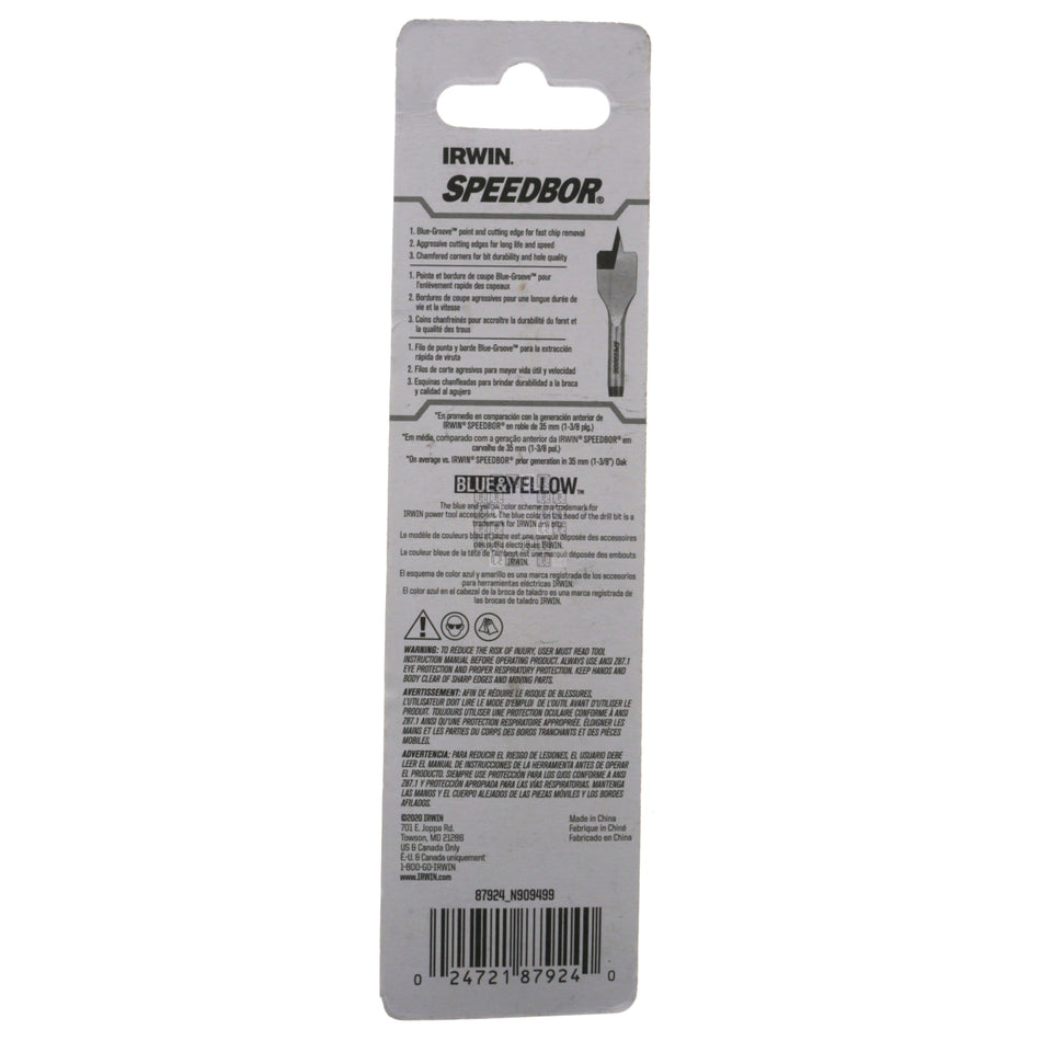 Irwin Industrial Tools 87924 SPEEDBOR 1-1/2" x 4" Standard Length Spade Bit, 1/4" Hex Drive