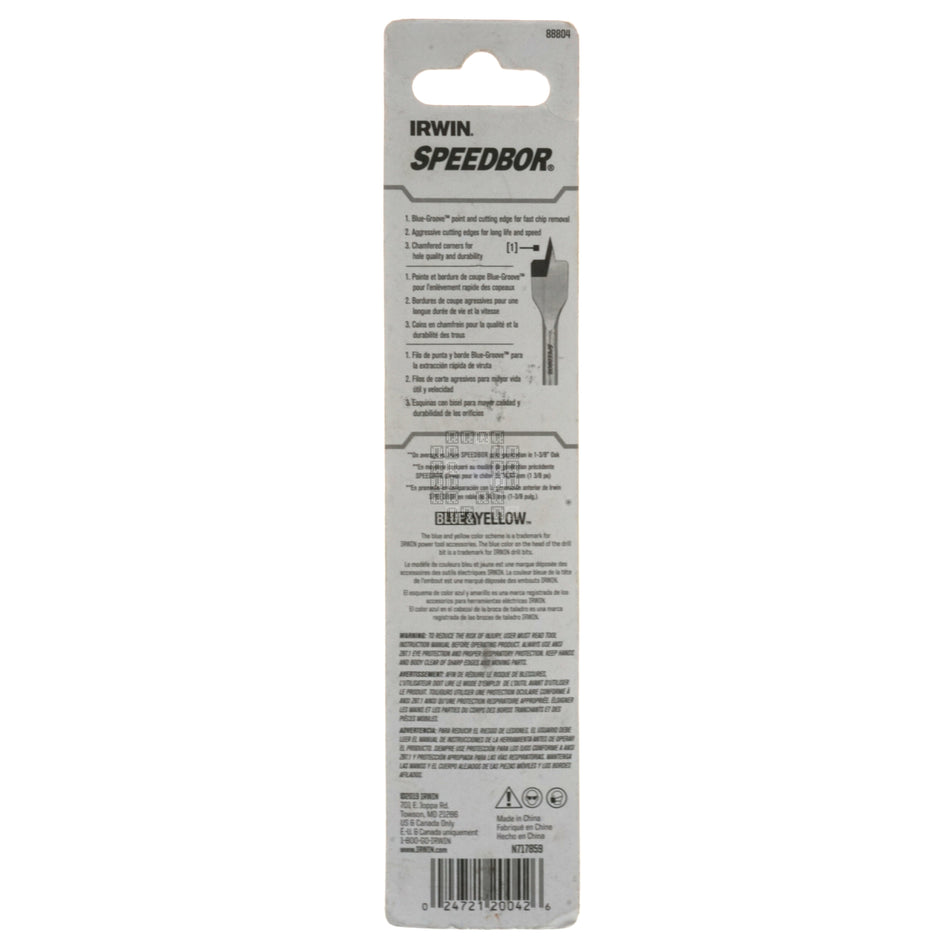 Irwin Industrial Tools 88804 SPEEDBOR 1/4" x 6" Standard Length Spade Bit, 1/4" Hex Drive