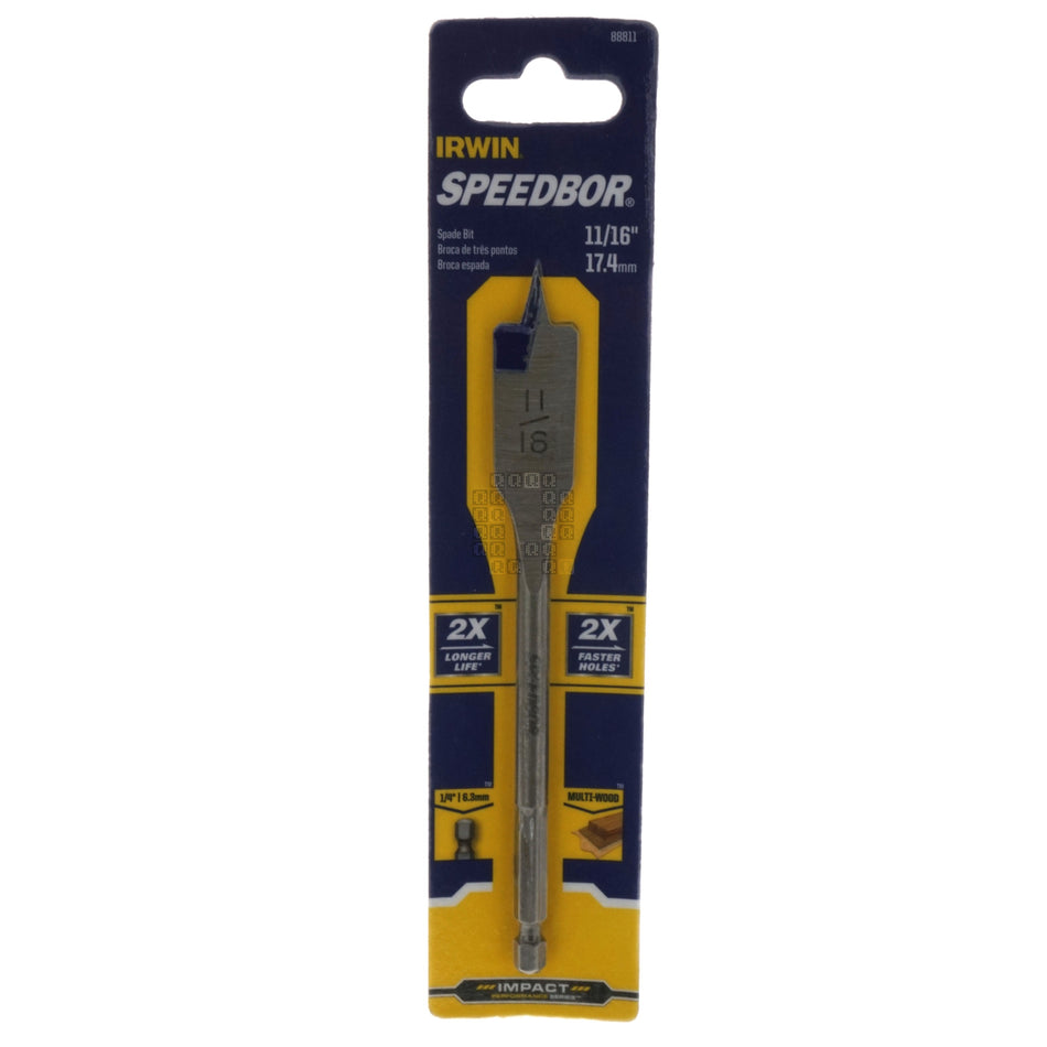 Irwin Industrial Tools 88811 SPEEDBOR 11/16" x 6" Standard Length Spade Bit, 1/4" Hex Shank