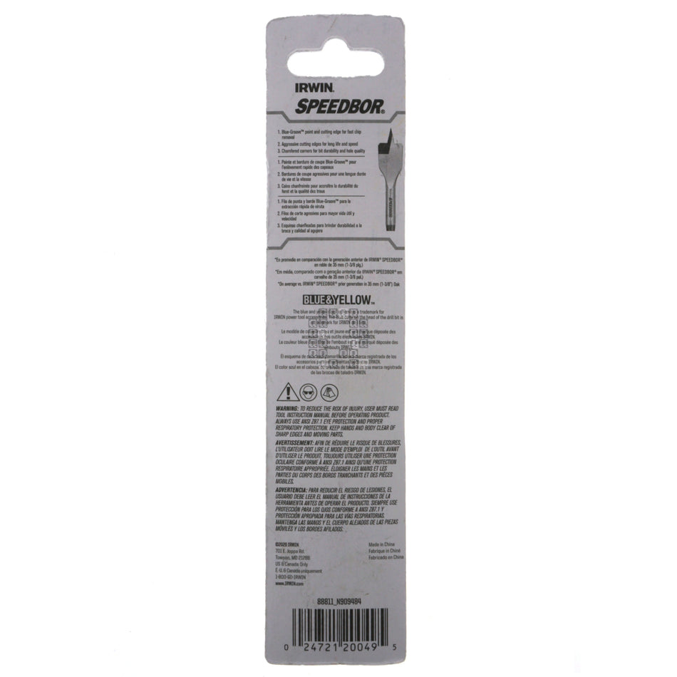 Irwin Industrial Tools 88811 SPEEDBOR 11/16" x 6" Standard Length Spade Bit, 1/4" Hex Shank