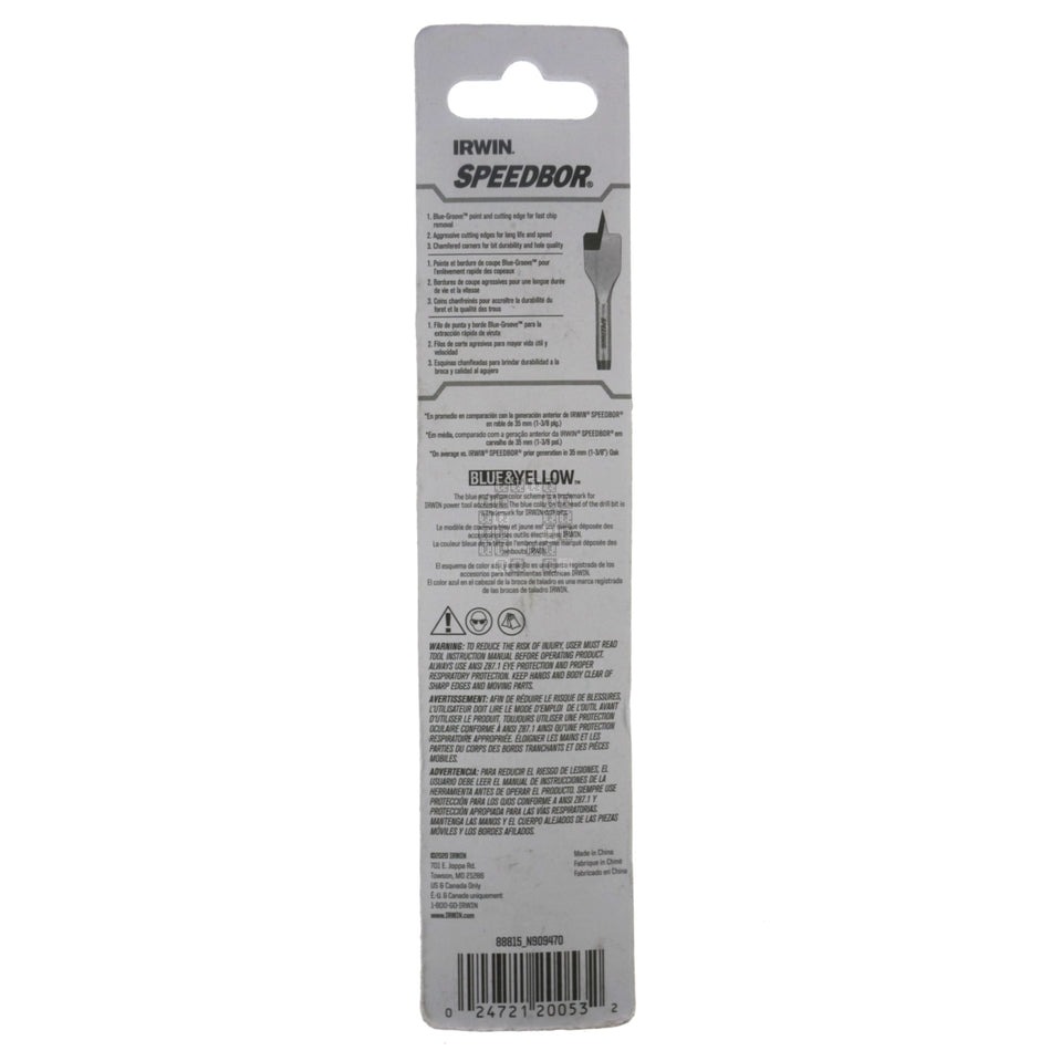 Irwin Industrial Tools 88815 SPEEDBOR 15/16" x 6" Standard Length Spade Bit, 1/4" Hex Shank