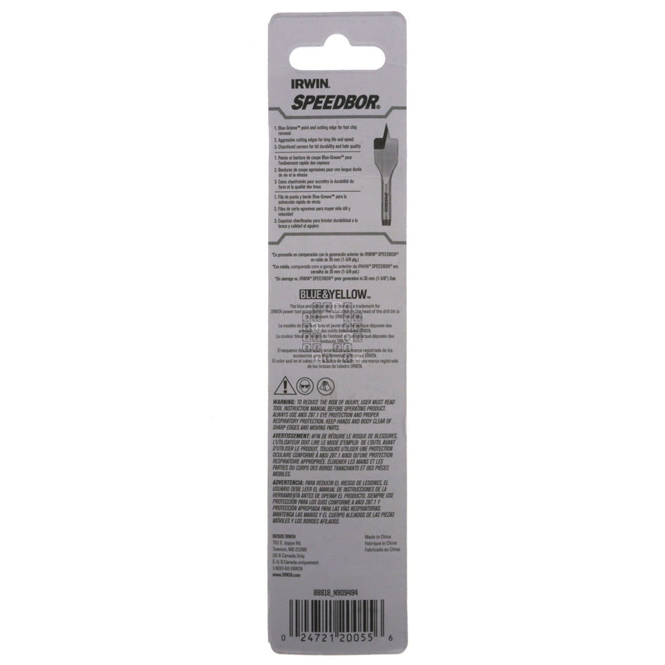 Irwin Industrial Tools 88818 SPEEDBOR 1-1/8" x 6" Standard Length Spade Bit