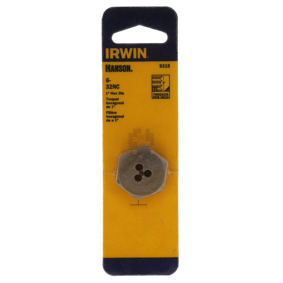 Irwin Hanson 9318 #6-32NC Right Hand (RH) 1" Carbon Steel Hex Die