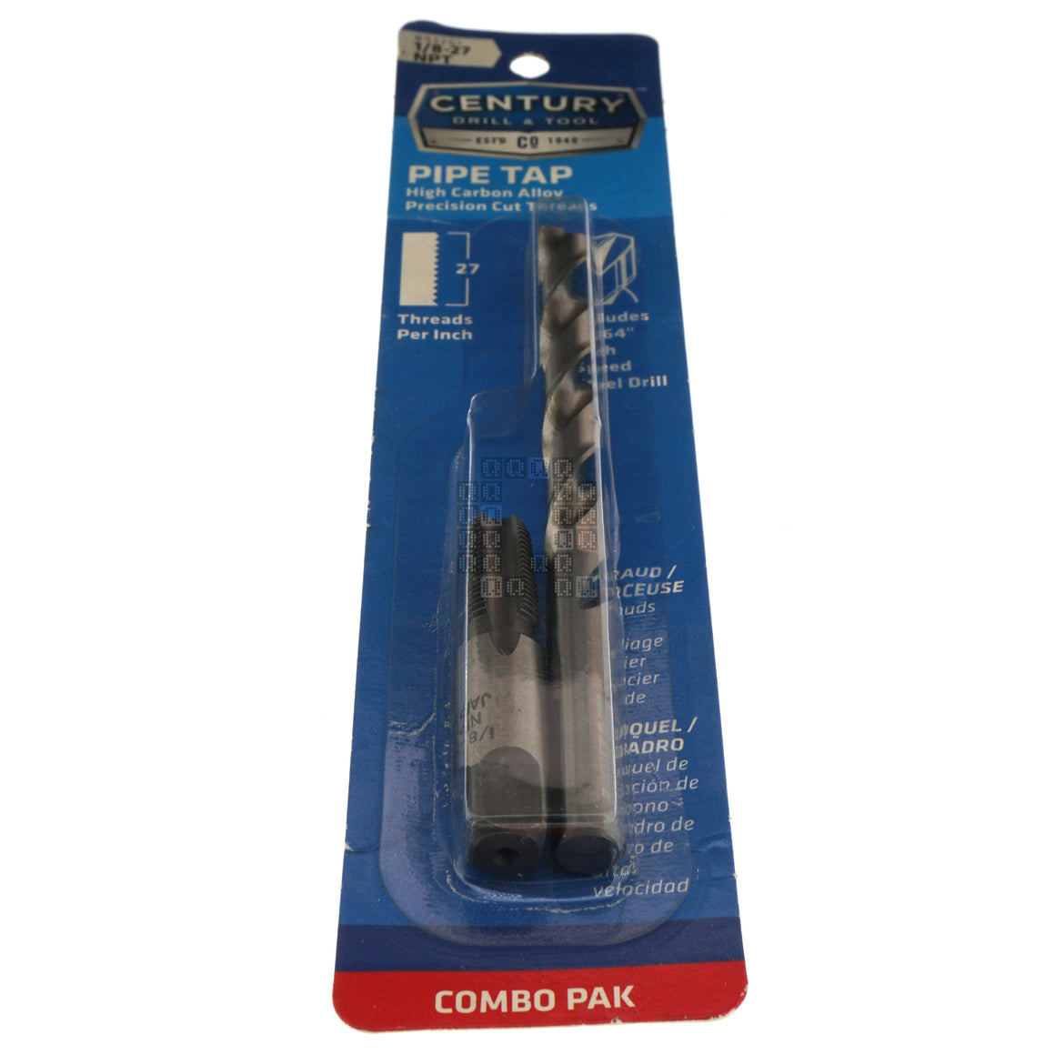 Century Drill & Tool 93201 1/8"-27 NPT High Carbon Alloy Pipe Tap & 21/64" HSS Drill Bit Combo Pak