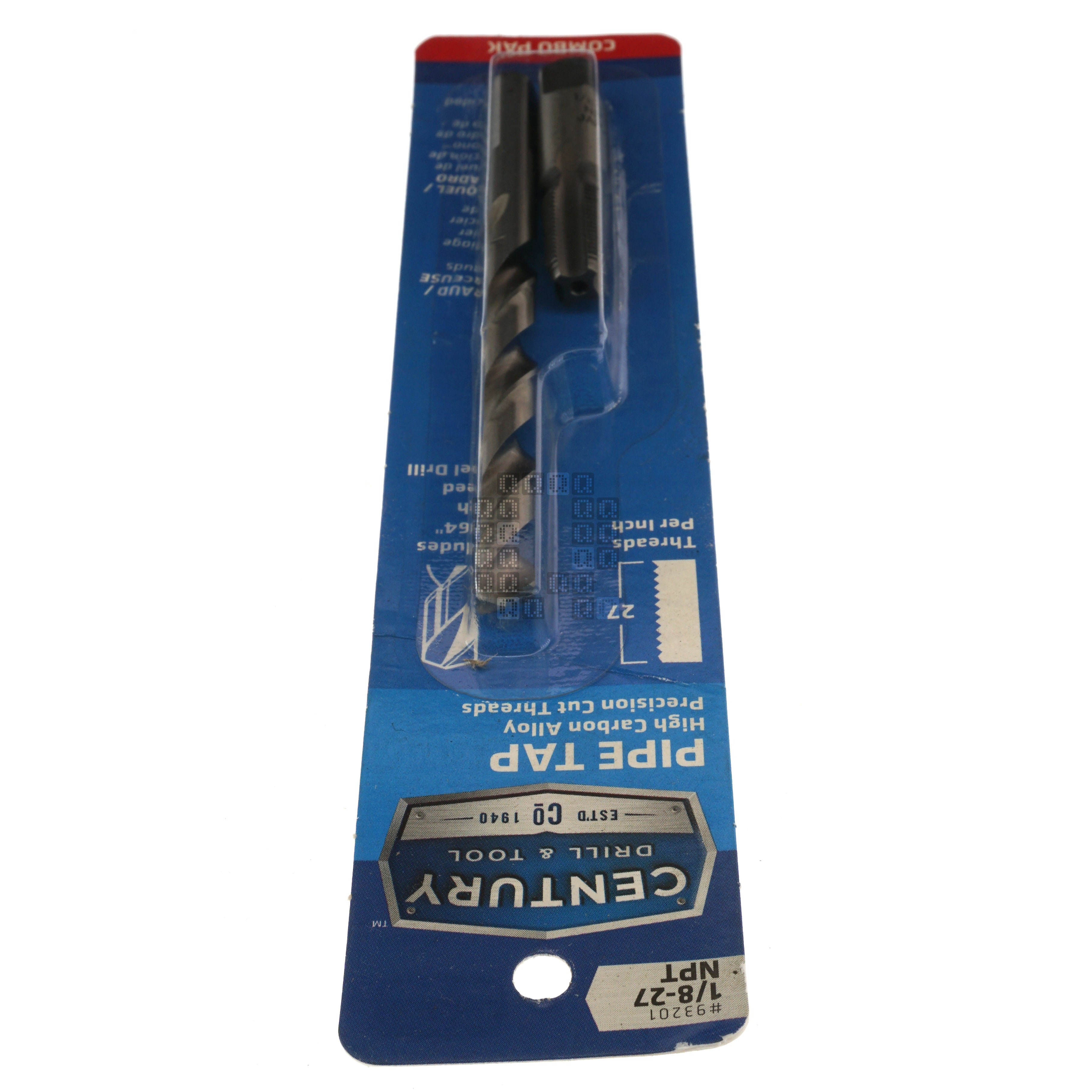 Century Drill & Tool 93201 1/8"-27 NPT High Carbon Alloy Pipe Tap & 21/64" HSS Drill Bit Combo Pak