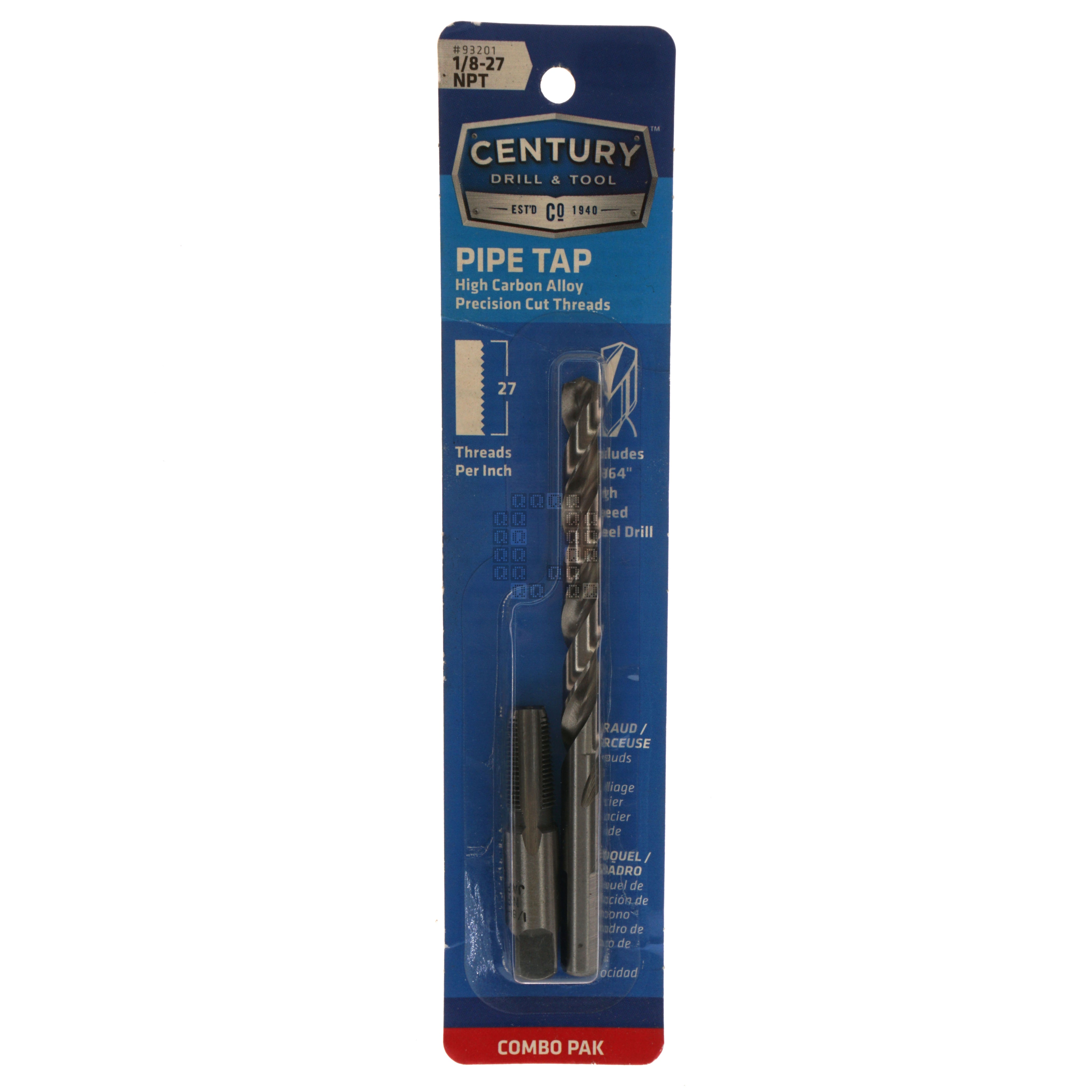 Century Drill & Tool 93201 1/8"-27 NPT High Carbon Alloy Pipe Tap & 21/64" HSS Drill Bit Combo Pak Package Front