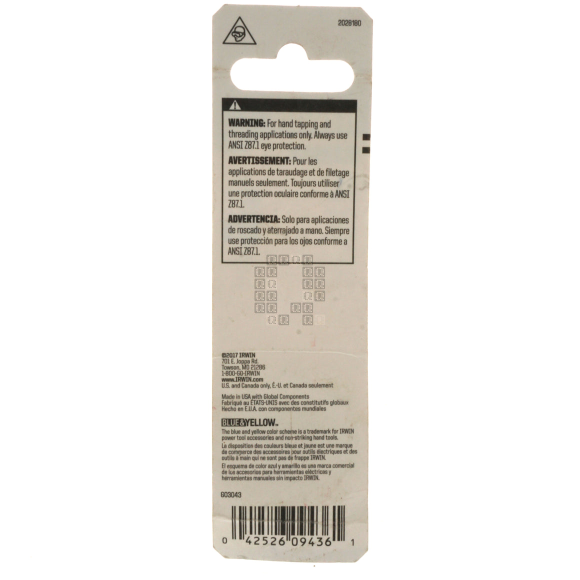 Irwin Hanson 9436 3/8"-24NF NC Carbon Steel Right Hand (RH) 1" Hex Die Package Back