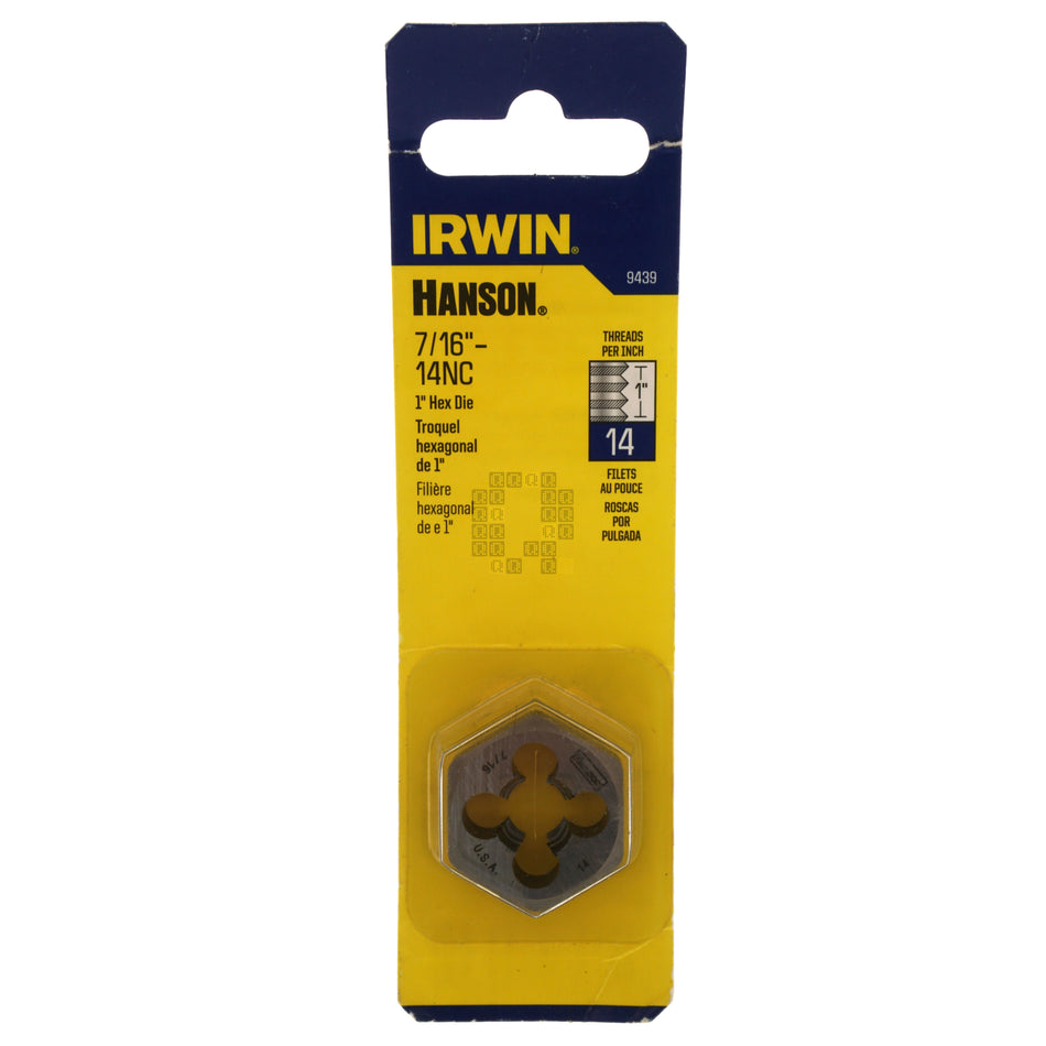 Irwin Hanson 9439 7/16"-14 NC Carbon Steel Right Hand (RH) 1" Hex Die Package Front