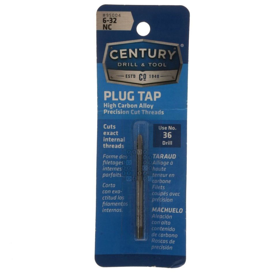 Century Drill & Tool 95004 High Carbon Steel Alloy Precision Plug Tap, #6-32 NC