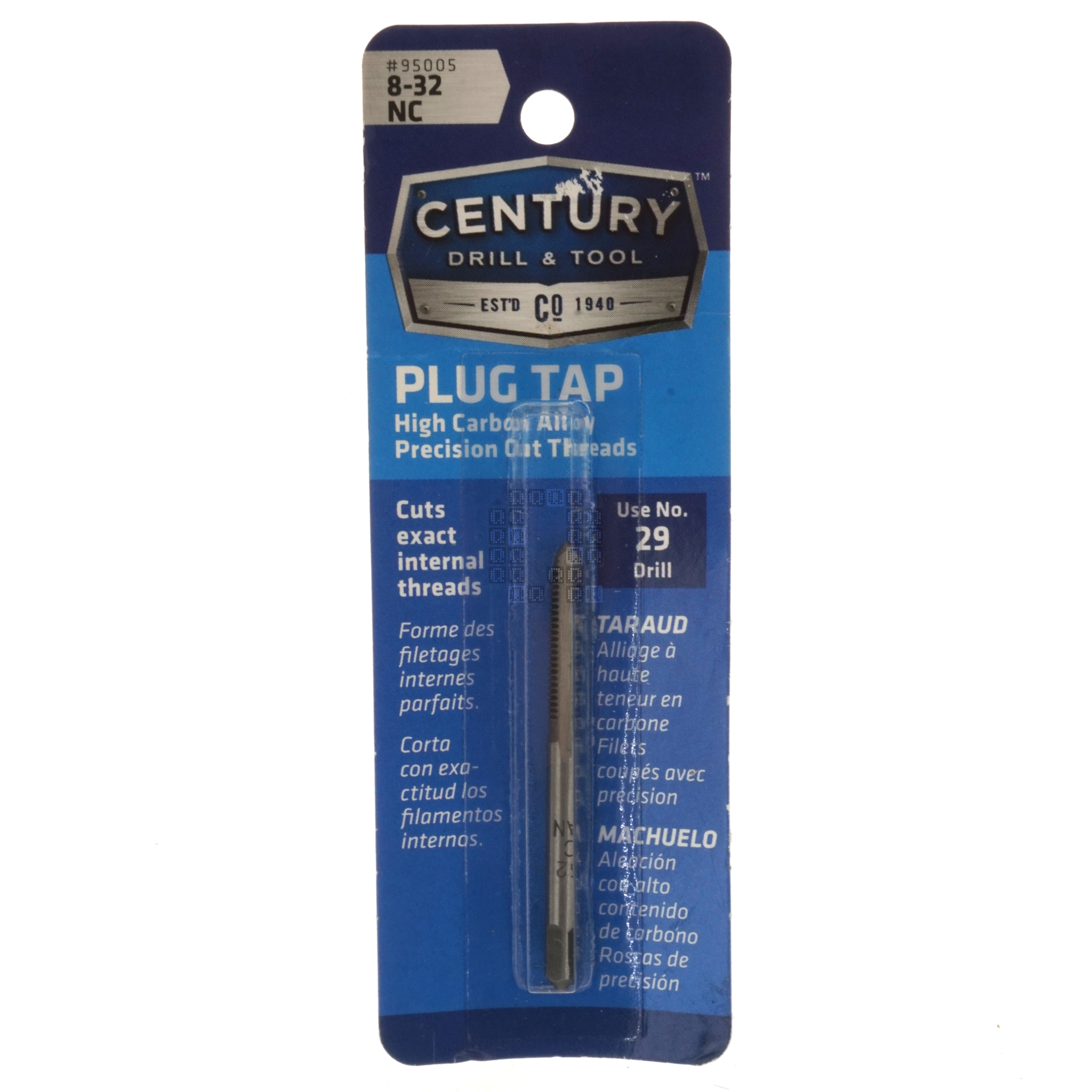 Century Drill & Tool 95005 High Carbon Steel Alloy Precision Plug Tap, #8-32 NC Package Front