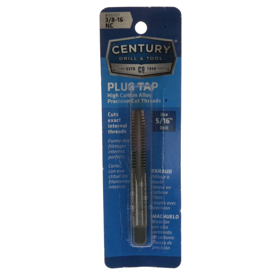 Century Drill & Tool 95107 3/8"-16 NC High Carbon Steel Alloy Precision Plug Tap
