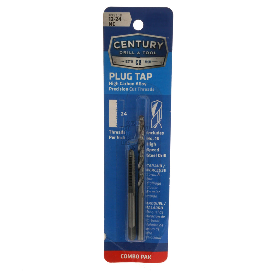 Century Drill & Tool 95308 #12-24 NC High Carbon Alloy Plug Tap & #16 HSS Drill Bit Combo Pack