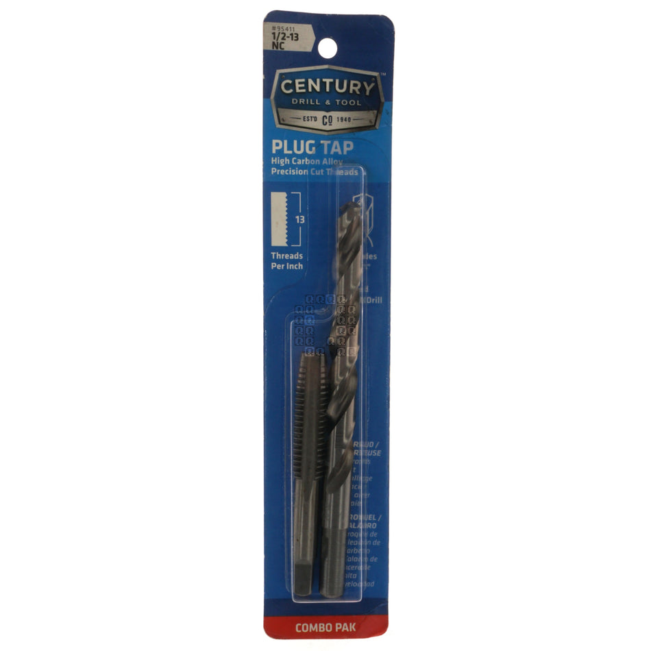 Century Drill & Tool 95411 1/2"-13 NC High Carbon Alloy Plug Tap & 27/64" HSS Drill Bit Combo Pack