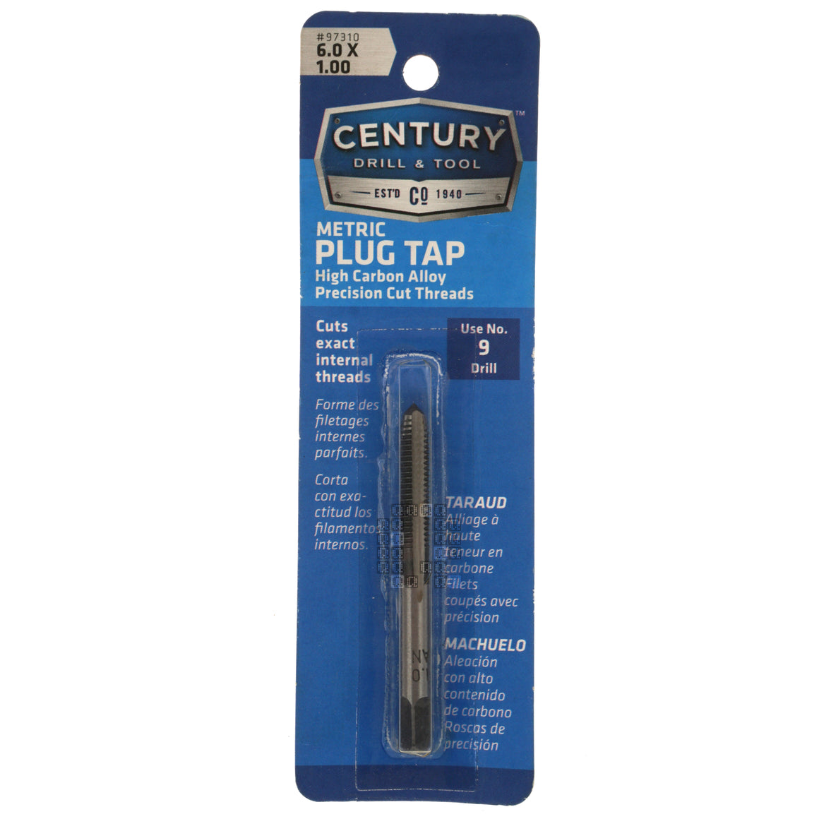 Century Drill & Tool 97310 6mm M6-1.00mm Metric High Carbon Steel HCS Alloy Precision Plug Tap, Right Hand RH Package Front