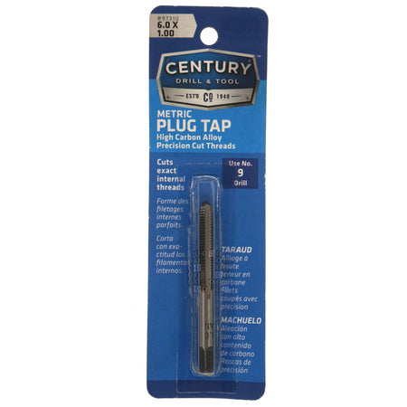 Century Drill & Tool 97310 6mm M6-1.00mm Metric High Carbon Steel HCS Alloy Precision Plug Tap, Right Hand RH Package Front