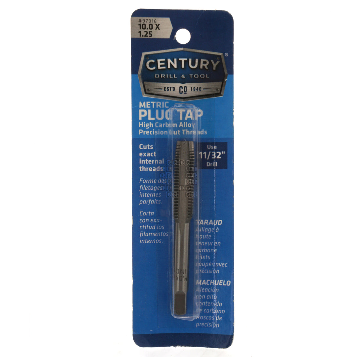 Century Drill & Tool 97316 M10-1.25mm Metric High Carbon Steel Alloy Precision Plug Tap Package Front