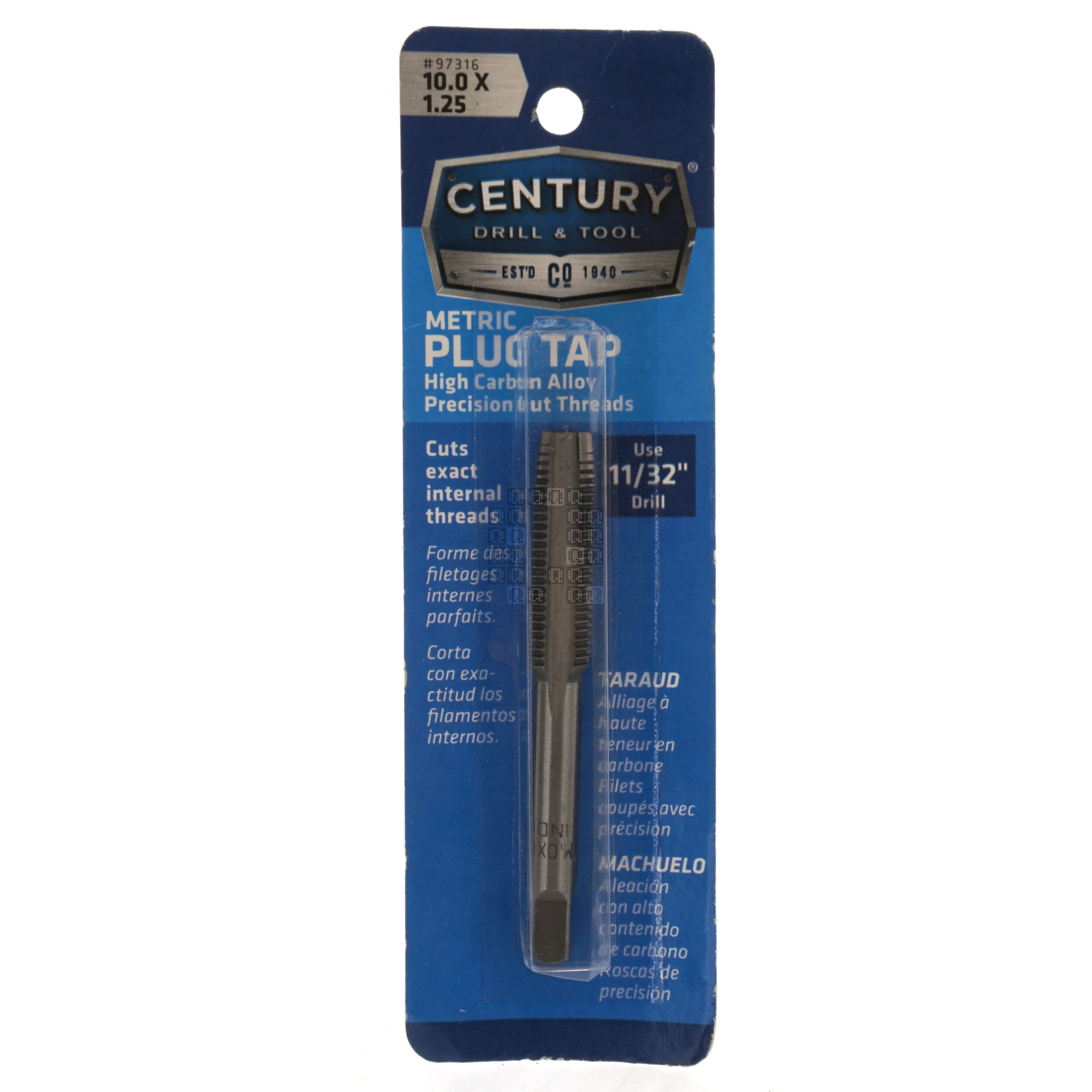 Century Drill & Tool 97316 M10-1.25mm Metric High Carbon Steel Alloy Precision Plug Tap Package Front