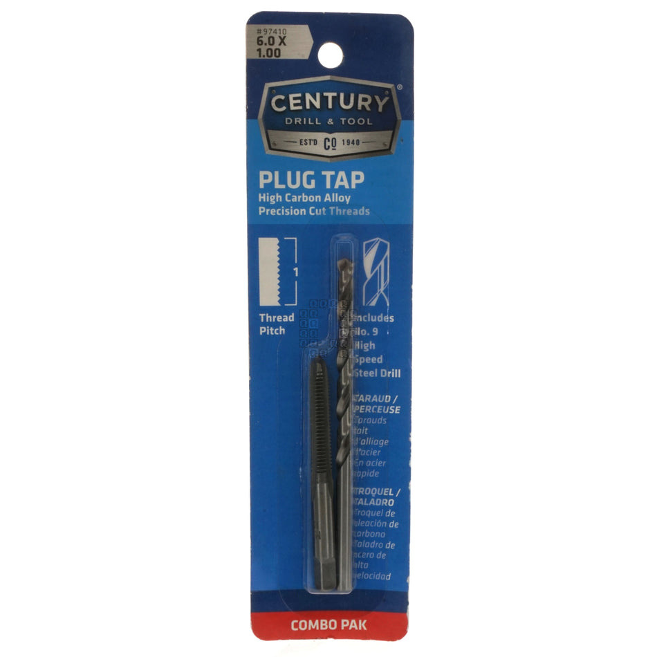 Century Drill & Tool 97410 M6-1.00mm High Carbon Alloy Plug Tap & #9 HSS Drill Bit Combo Pak
