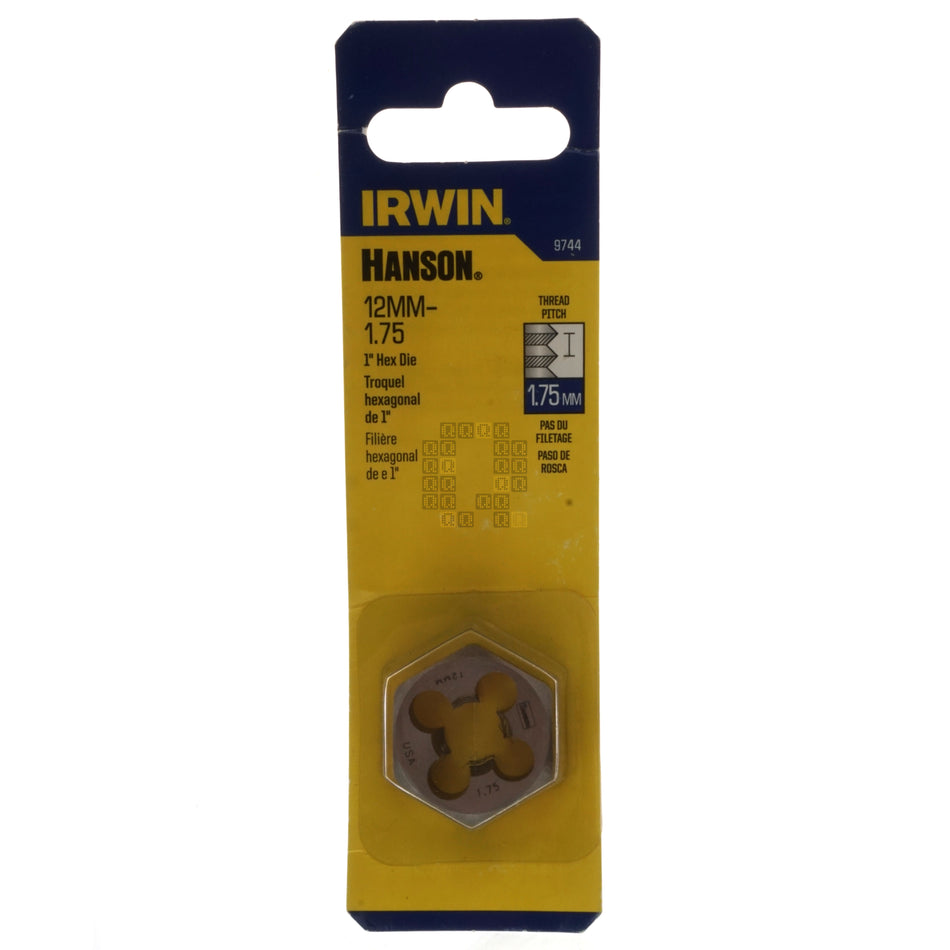 Irwin Hanson 9744 12mm M12 - 1.75mm Metric Right Hand RH High Carbon Steel 1" Hex Die