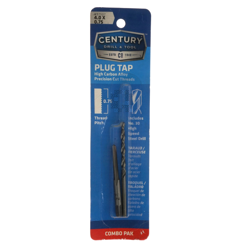 Century Drill & Tool 97507 M4-0.75mm Metric High Carbon Alloy Plug Tap & #30 HSS Drill Bit Combo Pak