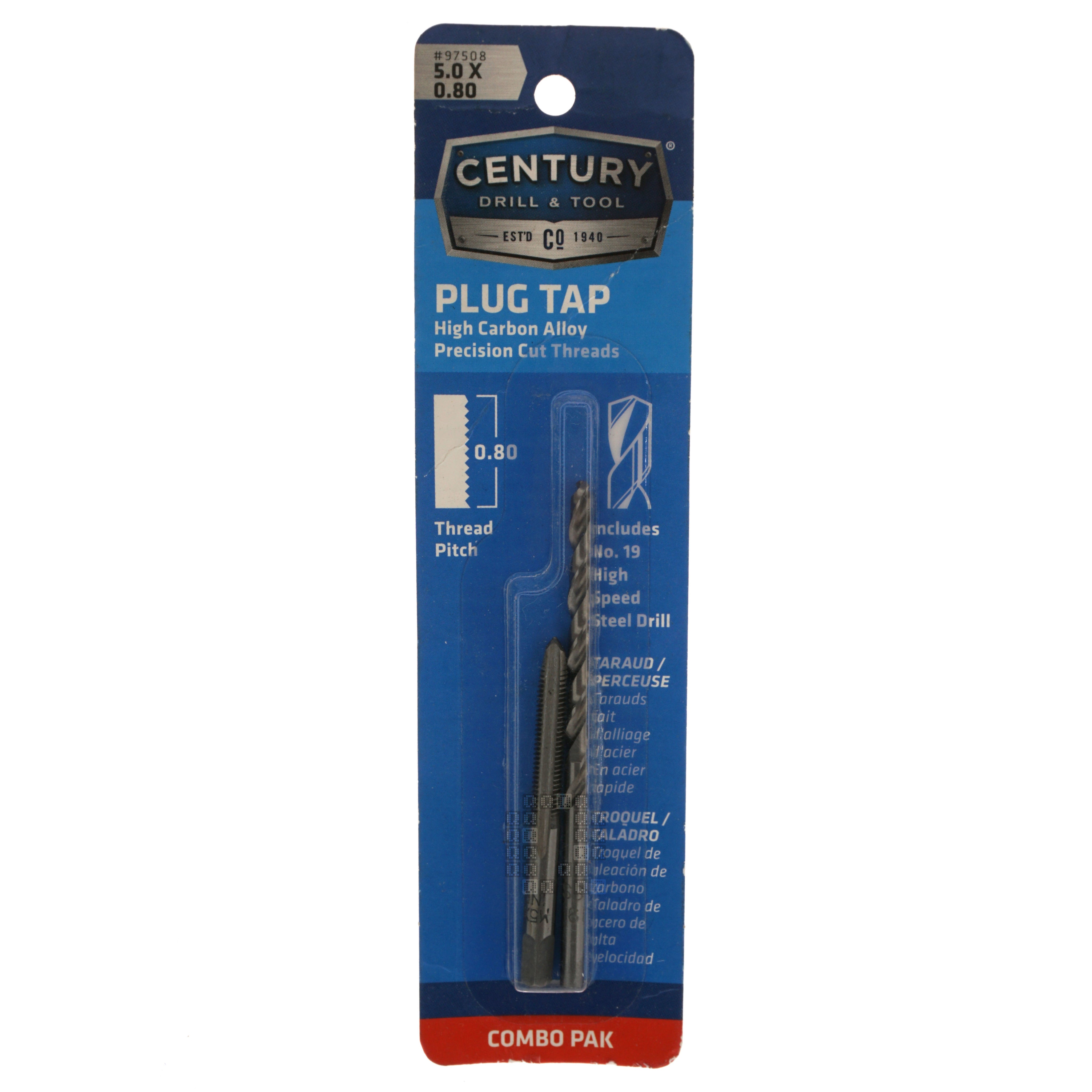 Century Drill & Tool 97508 M5-0.80mm High Carbon Alloy Plug Tap & #19 HSS Drill Bit Combo Pak Package Front