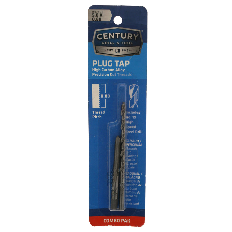 Century Drill & Tool 97508 M5-0.80mm High Carbon Alloy Plug Tap & #19 HSS Drill Bit Combo Pak Package Front